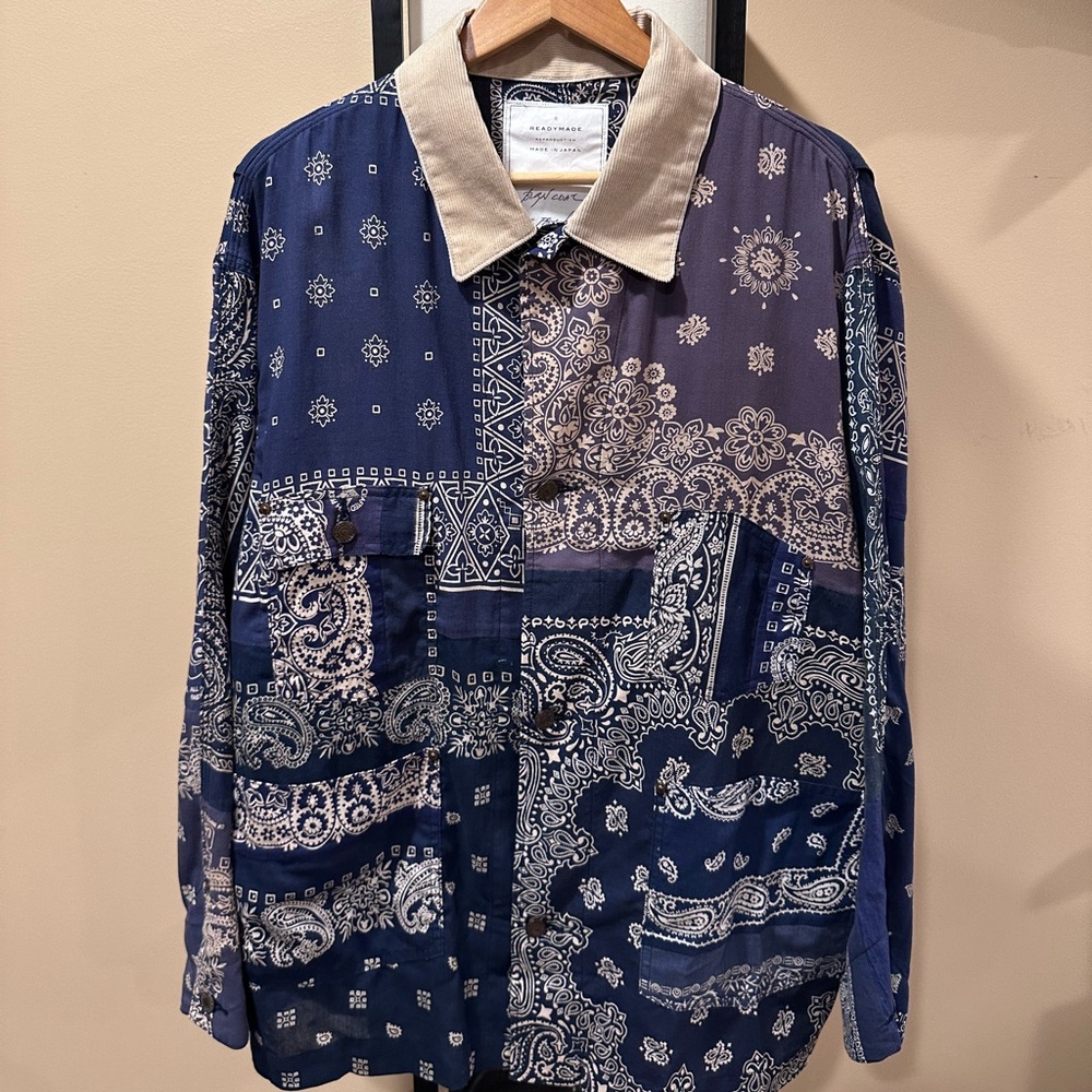Readymade Blue Bandana Paisley Burn Button Up Shirt Jacket